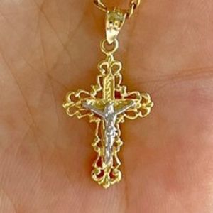 Dainty 14k Vintage Gold and Silver  Cross Charm Pendant